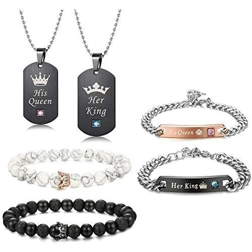 LOYALLOOK 6Pcs Couples Necklaces Bracelets Matching Set for Him and Her, His Queen Her King Pendant Necklace His & Hers Bracelets King and Queen Jewelry Gifts for Lover
