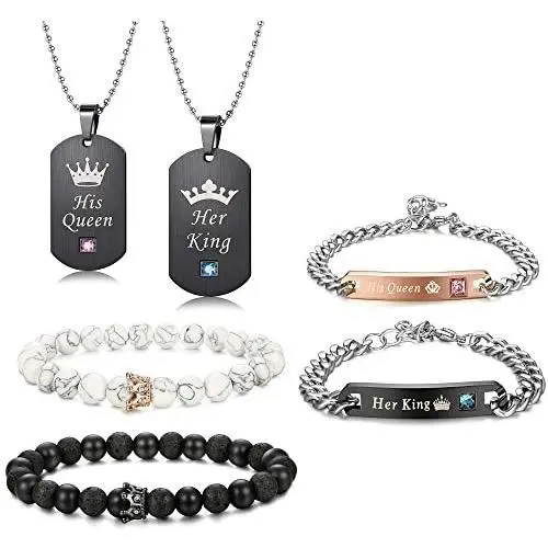 LOYALLOOK 6Pcs Couples Necklaces Bracelets Matching Set for Him and Her, His Queen Her King Pendant Necklace His & Hers Bracelets King and Queen Jewelry Gifts for Lover