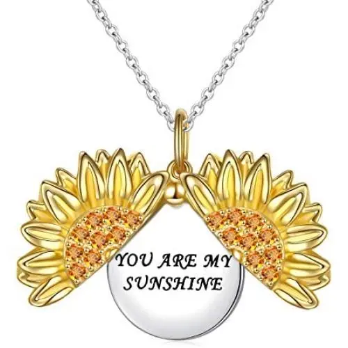 ''You Are My Sunshine'' Sunflower Locket Necklace That Holds Pictures in Sterling Silver Pendant Necklace for Women ''You Are My Sunshine'' Sunflower Locket Necklace That Holds Pictures in Sterling Silver Pendant Necklace for Women