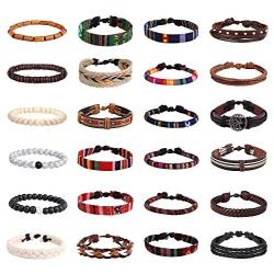 Finrezio 24 Pcs Braided Bracelet Set Men Women Handmade Jewelry String Beads Leather Wristbands Boho Ethnic Tribal Linen Hemp Cords Wrap Bracelets
