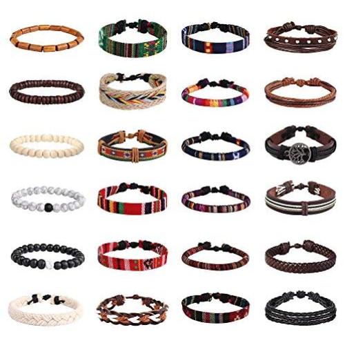 Finrezio 24 Pcs Braided Bracelet Set Men Women Handmade Jewelry String Beads Leather Wristbands Boho Ethnic Tribal Linen Hemp Cords Wrap Bracelets