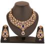 Touchstone Indian Bollywood Traditional Floral Theme White Rhinestone and Blue Faux Sapphire Bridal Designer Jewelry Necklace Set for Women in Antique Gold Tone