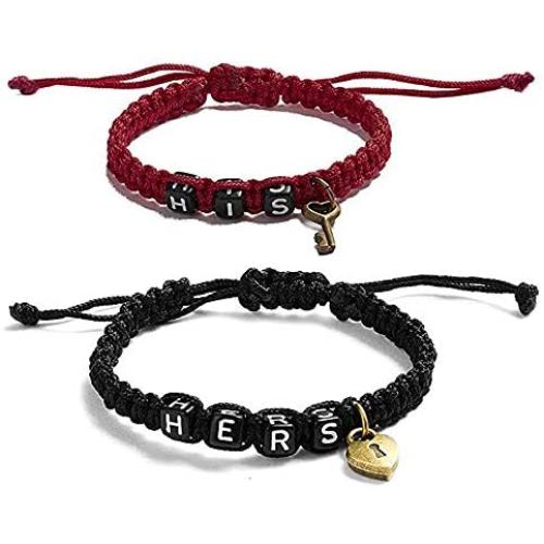 MJartoria Couples Bracelets, Matching Bracelets for Couples His and Hers, Key and Lock Handmade Rope Braided Rhinestone, Stainless Steel Bracelets for BFF Bracelets for 2 Wife Husband