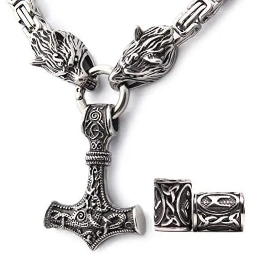 GUNGNEER Thors Hammer Pendant Viking Mjolnir Necklace for Men with Wolf Head Square Chain, 316L Stainless Steel Bonus 2 Rune Beads GUNGNEER Thors Hammer Pendant Viking Mjolnir Necklace for Men with Wolf Head Square Chain, 316L Stainless Steel Bonus 2 Rune Beads