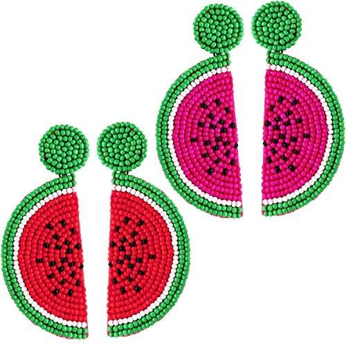 2 Pairs Fruit Watermelon Shape Drop Earrings Bohemian Seed Bead Earrings Handmade Beaded Dangle Studs Earrings for Women Girls Party Jewelry (Rose Red, Red)