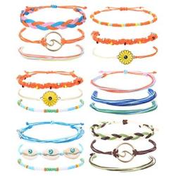 JOERICA 18 Pcs VSCO Braided Bracelet Wax Wave Strand Adjustable Friendship Bracelet Set Beach Shell Surf Wrap Bracelet Boho Handcrafted Jewelry for Women Men