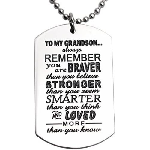 LParkin Grandson Gifts from Grandma Grandparents Grandson Necklace You are Braver Than You Believe Jewelry Dog Tag