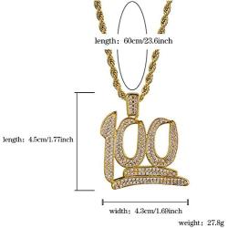 JINAO Hip Hop Iced Out CZ 100 Pendant Necklace with 24'' Stainless Steel Rope Chain for Men