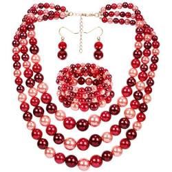 HaHaGirl Faux Pearl Strands Mix Color Tone Jewelry Sets for Women Include Necklace Bracelet and Earrings Set