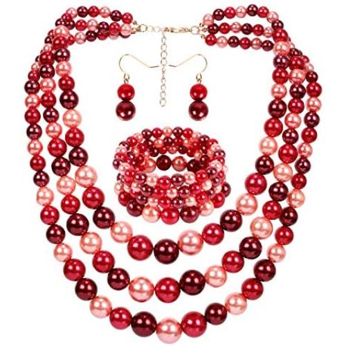 HaHaGirl Faux Pearl Strands Mix Color Tone Jewelry Sets for Women Include Necklace Bracelet and Earrings Set