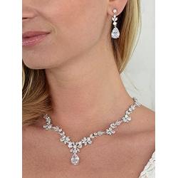Mariell Cubic Zirconia Vine Wedding Necklace and Earrings Jewelry Set for Brides, Silver Platinum Finish