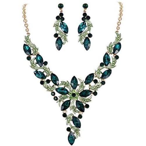 EVER FAITH Crystal Elegant Flower Leaf Necklace Earrings Set for Bride, Prom, Bridal