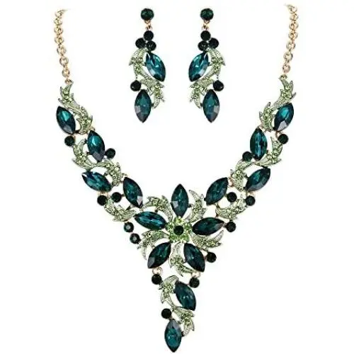 EVER FAITH Crystal Elegant Flower Leaf Necklace Earrings Set for Bride, Prom, Bridal