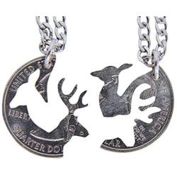 Marycrafts Buck and Doe Interlocking Necklace Set Quarter Coin Cut BBF, Couples Jewelry Relationship Deer Heads