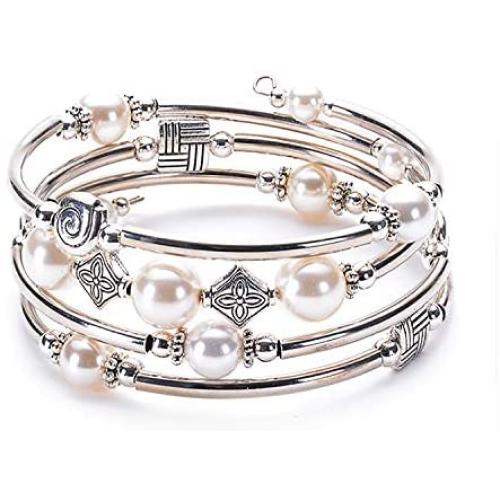 Bead Wrap Bangle Pearl Bracelet - Silver Metal Bracelet Fashion Bohemian Jewelry Multilayer Charm Bracelet with Thick Silver Metal Beads Gifts for Women