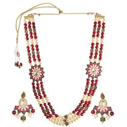Efulgenz Indian Bollywood Multi Layered Faux Ruby Kundan Pearl Beads Bridal Wedding Floral Necklace Earrings Jewelry Set for Women