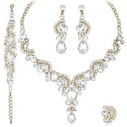 CSY Elegant Crystal Necklace Earrings Bracelet Ring Bridal Wedding Party Costume Jewelry Sets for Brides Women