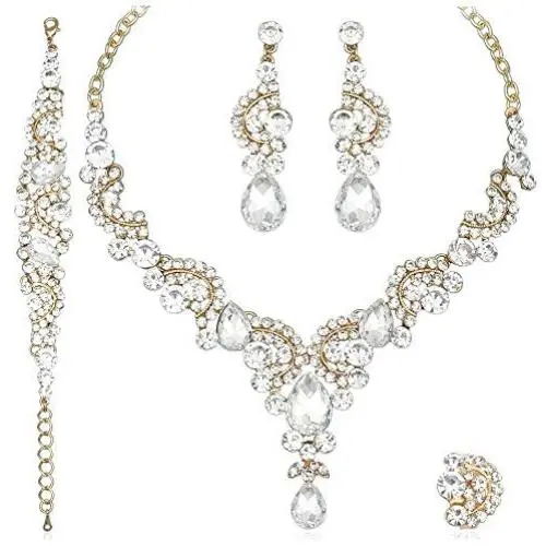 CSY Elegant Crystal Necklace Earrings Bracelet Ring Bridal Wedding Party Costume Jewelry Sets for Brides Women CSY Elegant Crystal Necklace Earrings Bracelet Ring Bridal Wedding Party Costume Jewelry Sets for Brides Women