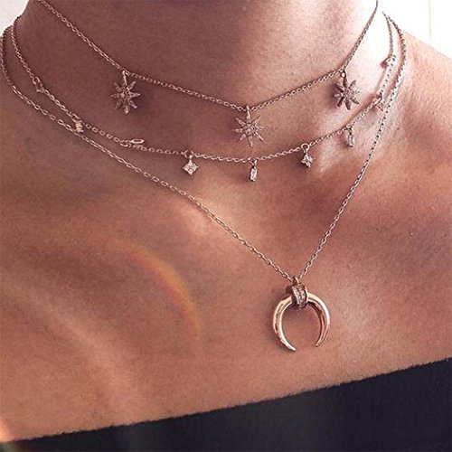 Simsly Boho Crystal Choker Layered Necklace Moon Pendant Necklaces Chain Sun Jewelry for women and Girls
