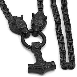 Brand: Prettyrosary Obsidian Black Viking Wolf Head Necklace Men | Norse Thors Hammer Mjolnir Pendant | Viking jewelry | Stainless Steel King Chain | Biker Jewelry | STEAMPUNK