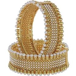 Efulgenz Fashion Jewelry Indian Bollywood 14 K Gold Plated Faux Pearl Crystal Cuff Bracelets Bangle Set (2 Pc)
