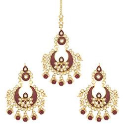 Aheli Classy Enamel Faux Stone Chandbali Style Earrings with Maang Tikka Set Indian Traditional Jewelry for Women