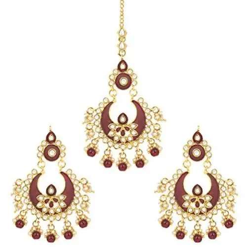 Aheli Classy Enamel Faux Stone Chandbali Style Earrings with Maang Tikka Set Indian Traditional Jewelry for Women