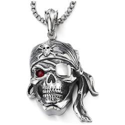 COOLSTEELANDBEYOND Mens Steel Viking Pirate Skull Pendant Necklace with Red Cubic Zirconia and 30 inches Wheat Chain