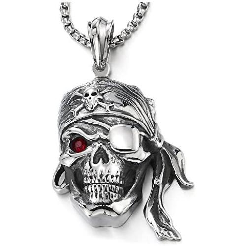 COOLSTEELANDBEYOND Mens Steel Viking Pirate Skull Pendant Necklace with Red Cubic Zirconia and 30 inches Wheat Chain
