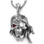 COOLSTEELANDBEYOND Mens Steel Viking Pirate Skull Pendant Necklace with Red Cubic Zirconia and 30 inches Wheat Chain