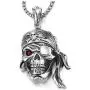 COOLSTEELANDBEYOND Mens Steel Viking Pirate Skull Pendant Necklace with Red Cubic Zirconia and 30 inches Wheat Chain