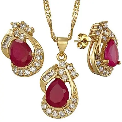 RIZILIA Pear Cut Red Ruby Yellow Gold Plated Jewelry Set, Pendant with 18'' Chain Stud Earrings RIZILIA Pear Cut Red Ruby Yellow Gold Plated Jewelry Set, Pendant with 18'' Chain Stud Earrings