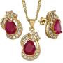RIZILIA Pear Cut Red Ruby Yellow Gold Plated Jewelry Set, Pendant with 18'' Chain Stud Earrings