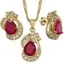 RIZILIA Pear Cut Red Ruby Yellow Gold Plated Jewelry Set, Pendant with 18'' Chain Stud Earrings RIZILIA Pear Cut Red Ruby Yellow Gold Plated Jewelry Set, Pendant with 18'' Chain Stud Earrings