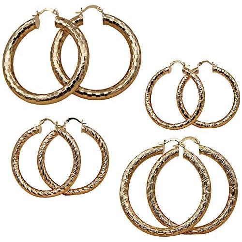 Redhithot Lots 4 Pieces/Set 18K Gold Plated - Big Hollow Geometry Carved Multilayer Circle Bling Bling Boho Beach Hoop Stud Earrings Jewelry for Women Girls Lady
