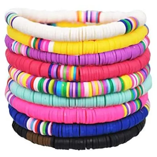ATIMIGO 9Pcs Colorful Beads Heishi Bracelets Handmade Rainbow Boho Surfur Bracelets Set Stackable Stretch Summer Beach Jewelry for Women Men Girls