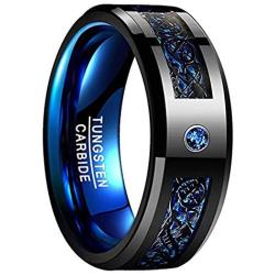 NUNCAD 6mm/8mm Tungsten Cabide Ring for Men Women Black Celtic Dragon and Blue Carbon Fiber Inlay Wedding Band Size 7-17