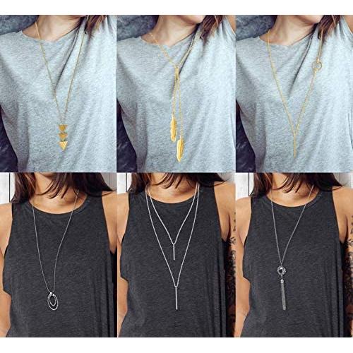 FUNEIA 6 PCS Long Pendant Necklace for Women Simple Bar Layer Three Triangle Tassel Y Charm Necklace Set