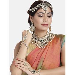 I Jewels Indian Wedding Traditional Gold Plated Kundan Ethnic Bridal Jewelry Set with Earrings, Nose Ring, Mathapatti & Haath Panja for Women