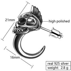 2pcs Luxury Silver Skull Stud Earrings for Mens Womens, Sterling Silver Gothic Earring, Biker Jewelry