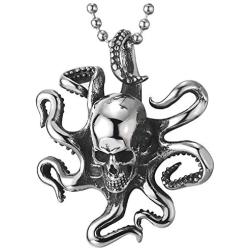 COOLSTEELANDBEYOND Stainless Steel Mens Womens Vintage Octopus Skull Pendant Necklace with 30 inches Ball Chain
