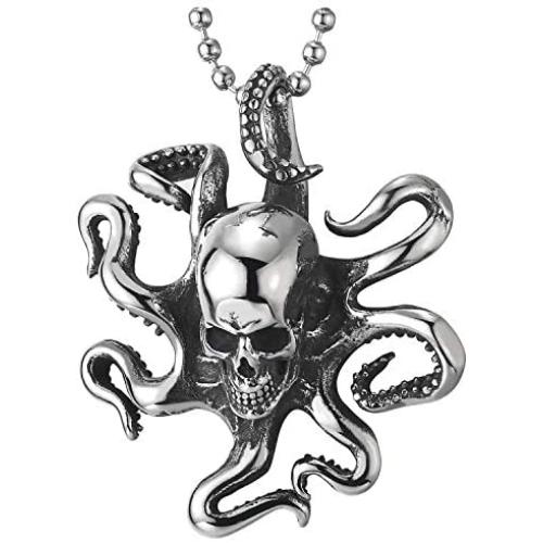 COOLSTEELANDBEYOND Stainless Steel Mens Womens Vintage Octopus Skull Pendant Necklace with 30 inches Ball Chain