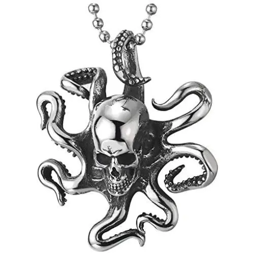 COOLSTEELANDBEYOND Stainless Steel Mens Womens Vintage Octopus Skull Pendant Necklace with 30 inches Ball Chain COOLSTEELANDBEYOND Stainless Steel Mens Womens Vintage Octopus Skull Pendant Necklace with 30 inches Ball Chain