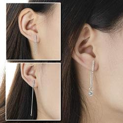 Sterling Silver Bar Stud Earrings Chain Dangle Thread Drop Cool Simple Round Cubic Zirconia for Valentines Anniversary Birthday Gifts Jewelry for Girl Teen Women Mom