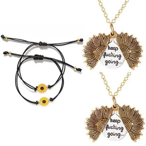 GVUSMIL You are My Sunshine Engraved Pendant Necklace Locket Sunflower Handmade Boho Friendship Bracelets Jewelry Set for Women Girls