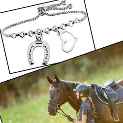 BAUNA Lucky Horseshoe Bracelet Love Heart Pendant Good Luck Horseshoe Charm Adjustable Link Bracelet for Cowboy Cowgirl Horse Lover Gifts Equestrian Riding Gift