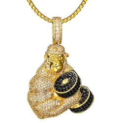 KMASAL Iced Out Fitness Gorilla Pendent Hip Hop Copper Base 18K Gold Plated Fully AAA+ Cubic Zirconia Simulated Diamond Necklace for Men Women Charm Gift Jewelry with Stainless Steel Rope Chain