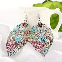 Women Drop Dangle Earrings, 925 Sterling Silver Hollow Leaf Print Vintage Ethnic Ear Pendant Metallic Color Earrings