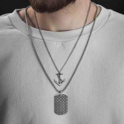 Steve Madden 28 Inch Oxidized Stainless Steel Box and Curb Chain Anchor and Dogtag Duo Pendant Necklace for Men