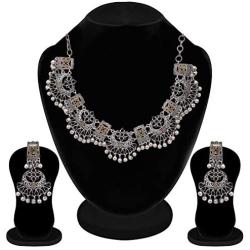 Aheli Ethnic Fashion Designer Dual Tone Silver Plated Red Stone Choker Style Necklace Earring Set for Women Girls